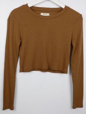 Madewell Top Womens Medium Brown Supercrop Crewneck Long Sleeve Shirt NG581